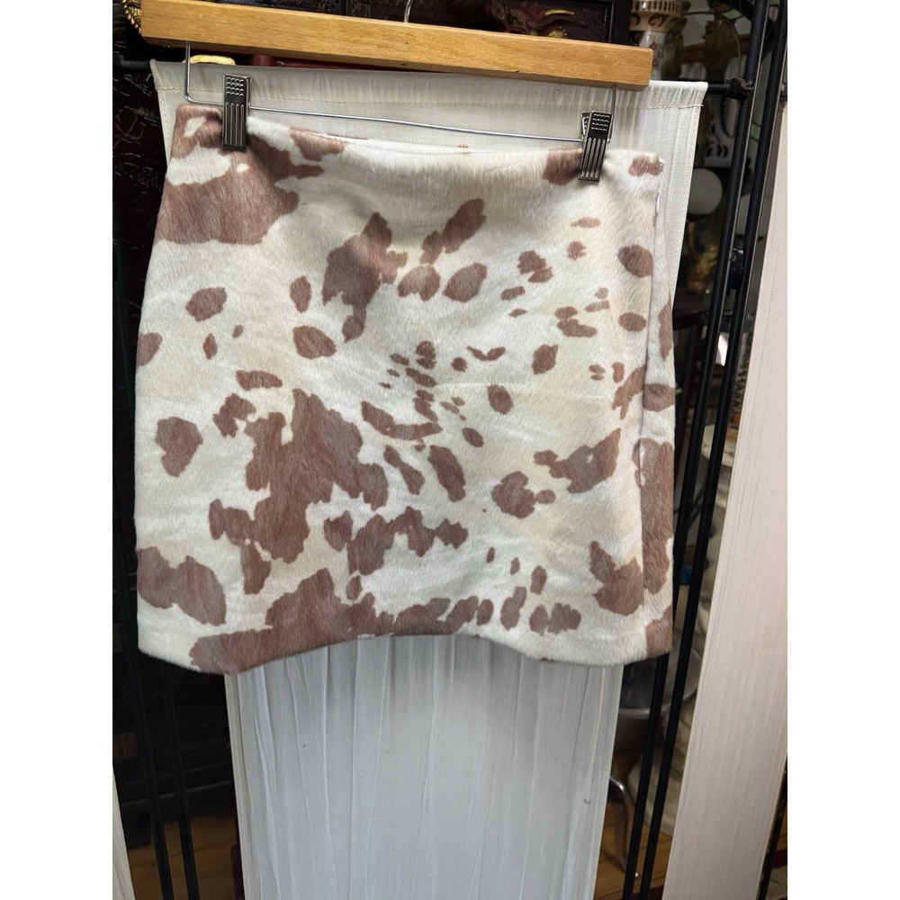 LOFT Women's Cow Print Faux Fur Mini Skirt Size 4 Brown Cream Western Y2K - Picture 3 of 9